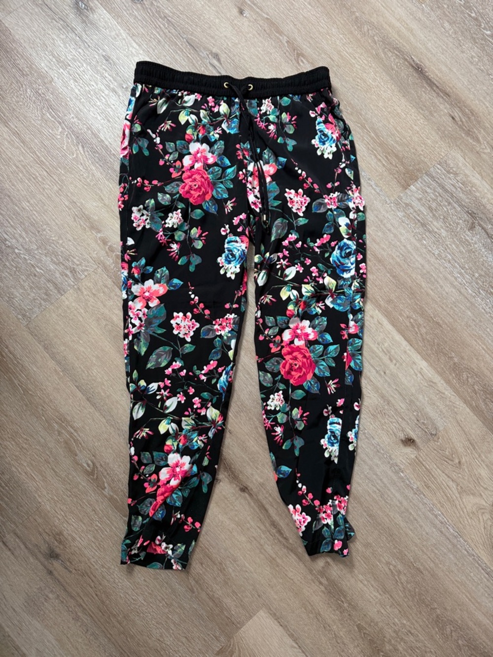 Express Black Floral Pants with Pink & Teal Accents